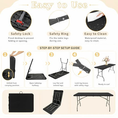 Set of 2 Folding Table 6 FT Lightweight Camping Table Black Portable Plastic Rectangular Outdoor Dining Table Steel Legs Fold (2 Count)