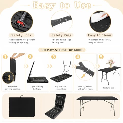 Folding Table 6 FT Lightweight Camping Table Black Portable Plastic Rectangular Outdoor Dining Table Steel Legs Fold
