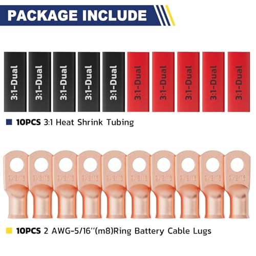20PCS Battery Cable Lug & Heat Shrink Kit 2 AWG 5