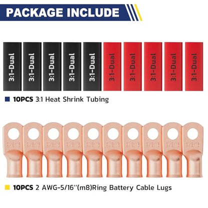 20PCS Battery Cable Lug & Heat Shrink Kit 2 AWG 5