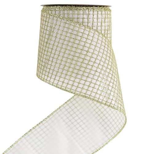 Gold Square Mesh Wired Christmas Ribbon 4 inch x 10 Yards (30 Foot)