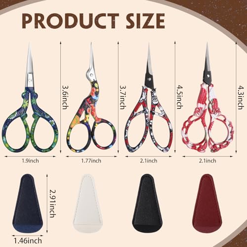 4 Pcs Sewing Embroidery Scissors with Artificial Leather Cover Sewing Stainless Vintage Embroidery Scissors for DIY Needlework Art Manual Handicraft (8 Count)