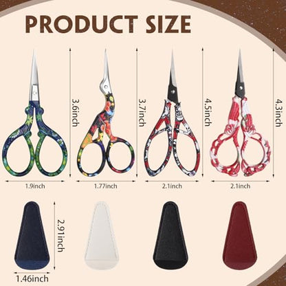 4 Pcs Sewing Embroidery Scissors with Artificial Leather Cover Sewing Stainless Vintage Embroidery Scissors for DIY Needlework Art Manual Handicraft (8 Count)