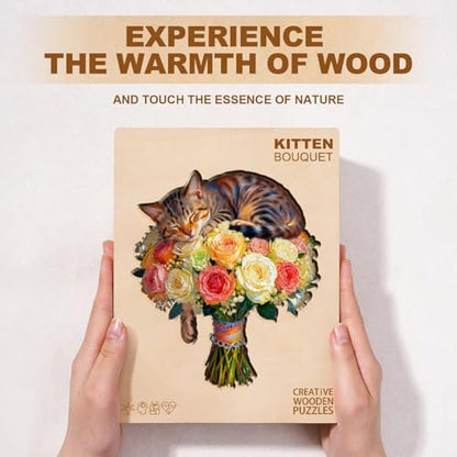 Cat Flower Bouquet Puzzles Adults Gifts Wooden 80 Pieces 8.5*7.6in (80 Count)