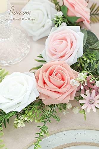 Artificial Flowers 25pcs Real Looking Blush Ombre Colors Foam Fake Roses with Stems for DIY Wedding Bouquets Bridal Shower Pink Centerpieces Floral Arrangements Party Tables Home Decorations (25 Count)