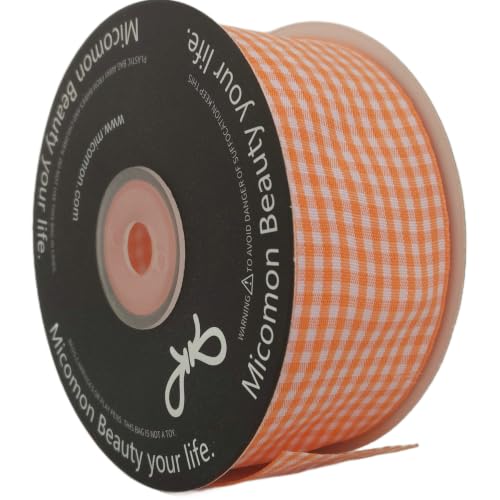 1.5 Inch Orange and White Woven Edge Plaid Chekered Ribbon 100% Polyester Gingham Ribbon 25 Yards Each Roll for Halloween Thanks