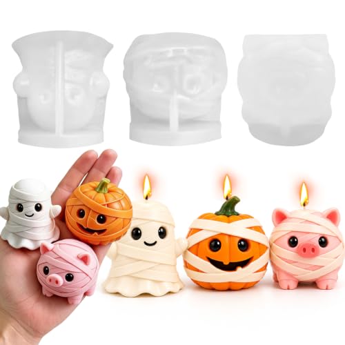 3Pcs 3D Halloween Silicone Molds Pumpkin Ghost Pig for Candle Resin Soap (3 Count)