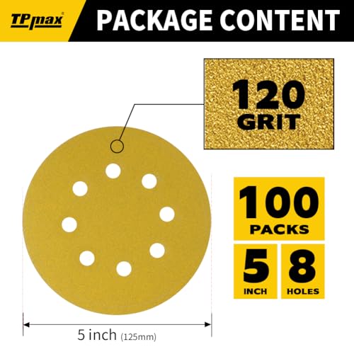 100PCS 5 Inch 120 Grit 125mm 8 Hole Sanding Discs Sandpaper (100 Count)