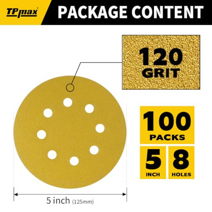 100PCS 5 Inch 120 Grit 125mm 8 Hole Sanding Discs Sandpaper (100 Count)