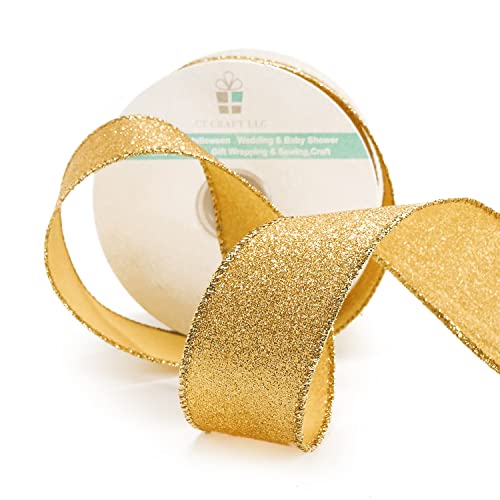 Glitter Wired Ribbon 1.5" x 10 Yards Yellow Gold for Christmas Home Decor Bow Gift Wrapping DIY Crafts Wreath (30 Foot)