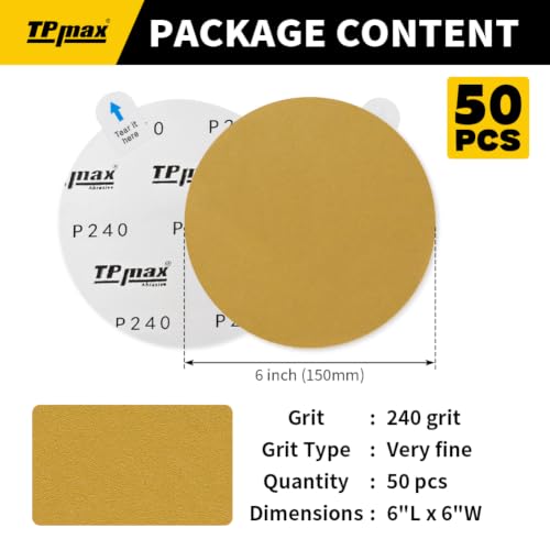 6-Inch 240-Grit Gold PSA Sanding Discs, 50 Pack – Pro-Grade Self-Adhesive Stickyback Sandpaper with Quick-Release Tabs for DA Sander, Very Fine Automotive/Wood/Metal Sanding (50 Count)