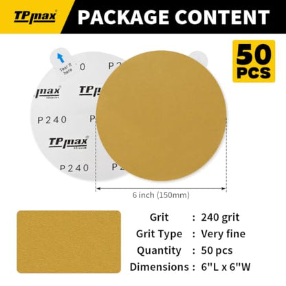 6-Inch 240-Grit Gold PSA Sanding Discs, 50 Pack – Pro-Grade Self-Adhesive Stickyback Sandpaper with Quick-Release Tabs for DA Sander, Very Fine Automotive/Wood/Metal Sanding (50 Count)