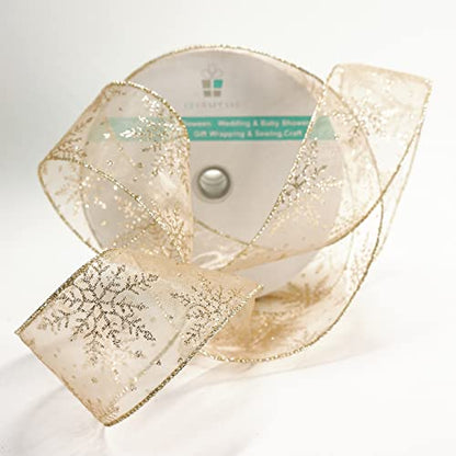 Organza with Champagne Gold Glitter Snowflakes Wired Ribbon 2.5 inch x 50 Yards for Christmas Home Decor Tree Topper Bow Gift Wrapping DIY Crafts Wreath Garland Wedding (150 Foot)