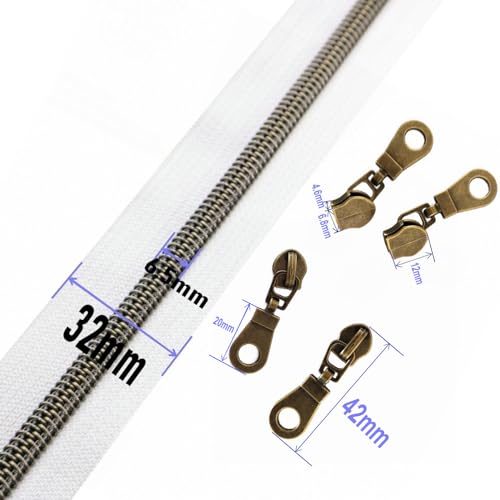 5 Antique Brass Metallic Nylon Coil Zippers by The Yard Bulk 10 Yards White Tape with 25pcs Antique Brass Sliders for DIY Sewing Tailor Craft Bag