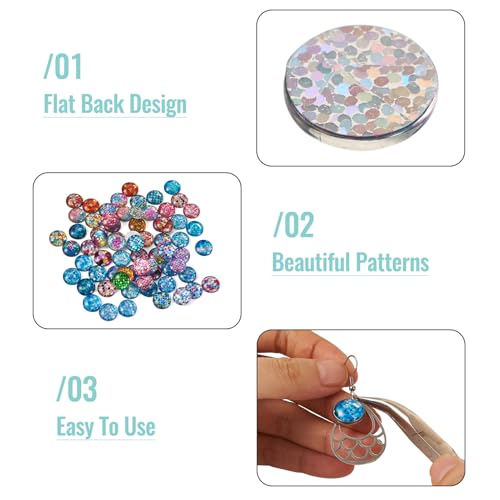 70Pcs 12mm Fish Scale Printed Glass Cabochons Mixed Colors Half Round Cameo Dome Tile Cabochon Mosaic Flatback Dome Glass Cabochon for DIY Bracelets Necklace Scrapbooking DIY Crafts