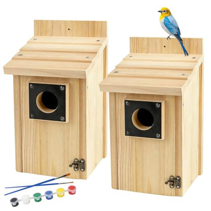2 Pack Wood Bird Houses for Outside with Paint Set for Bluebird Finch Swallow Wren Chickadee