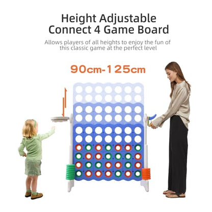 Jumbo 4-in-a-Row Game Set, Height Adjustable Indoor Outdoor Yard Game with Basketball Hoop, Ring Toss & Carrying Bag, Family Party Lawn Game for Kids and Adults