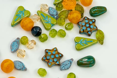 1.4oz (40g) Limited Mix of Czech Glass Beads, Hand Made Set Kit, Heart Leaf Beads and Striped Orange