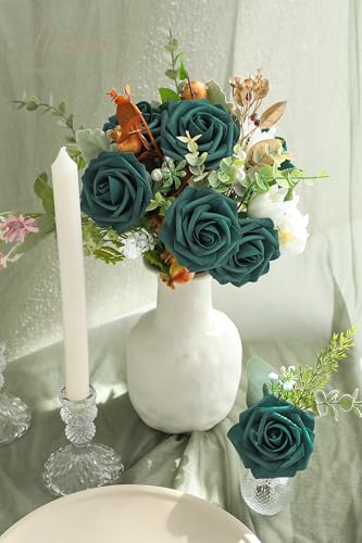 Artificial Flowers 25pcs Real Looking Peacock Green Foam Fake Roses with Stems for DIY Wedding Bouquets Bridal Shower Centerpieces Floral Arrangements Party Tables Home Decorations (25 Count)