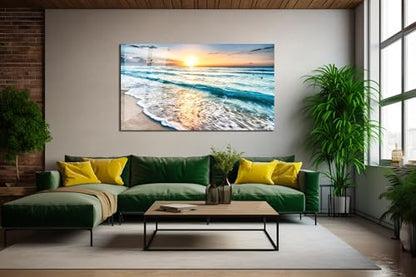 Sea beach ocean white sand Tempered Glass Wall Art Painting for Living Room