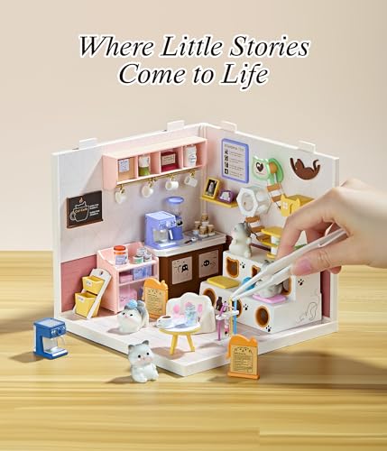 Cute Cat Cafe DIY Miniature House Kit with Roof & LED Light