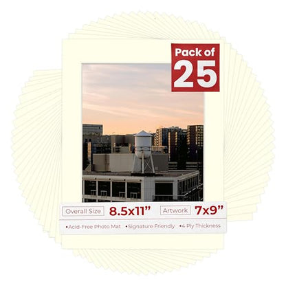 Pack of 25 Acid Free 8.5x11 Mats Bevel Cut for 7x9 Photos (25 Count)