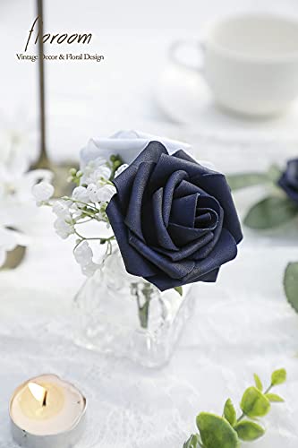 Artificial Flowers 50pcs Real Looking Navy Blue Foam Fake Roses with Stems for DIY Wedding Bouquets Bridal Shower Centerpieces Floral Arrangements Party Tables Home Decorations (50 Count)