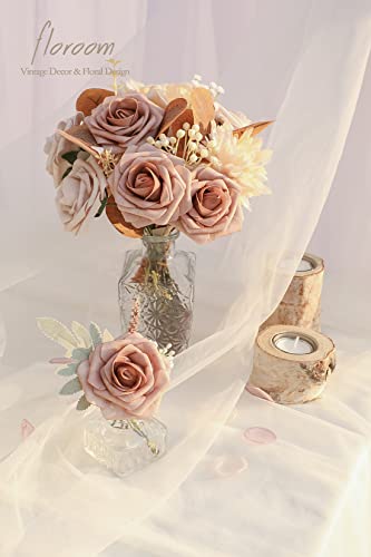 Artificial Flowers 25pcs Real Looking Warm Taupe & Nude Foam Fake Roses with Stems for DIY Wedding Bouquets Bridal Shower Centerpieces Floral Arrangements Party Tables Home Decorations (25 Count)
