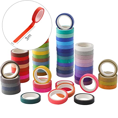 60 Rolls Washi Tape Sets 8mm Wide 10ft Long Basic Solid Color Rainbow Colored Decorative Thin Masking Tapes for Arts (60 Count)