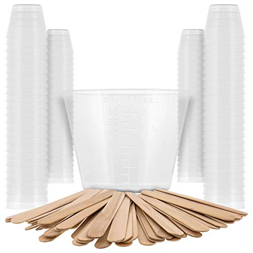 2 Oz (60 ml) Liquid Measuring Cups, 100 Pack with 25 Sticks