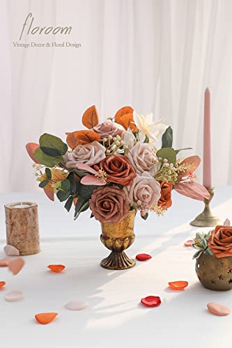 Artificial Flowers 25pcs Real Looking Burnt Orange Ombre Colors Foam Fake Roses with Stems for DIY Wedding Bouquets Bridal Shower Floral Centerpieces Party Tables Home Decorations (25 count)