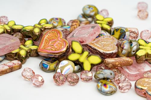 2.1oz (60g) of Focal Glass Bead Mix with Table-Cut Flower and Butterfly Beads, PG Pale Green Pink (2.1164 Ounce)