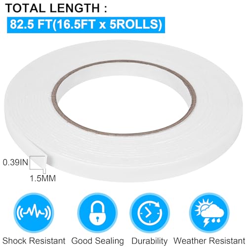 Double Sided Foam Tape 0.39In x 16.5FT 5 Pack (5 Count)