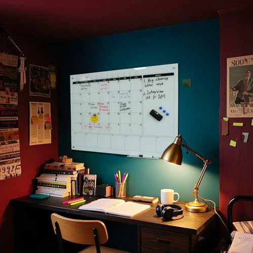 Magnetic Glass Whiteboard Calendar 48"x36" Glass Dry Erase Calender Board 36"x48" Monthly Plan White GlassBoard Wall Mounted for Office School Home