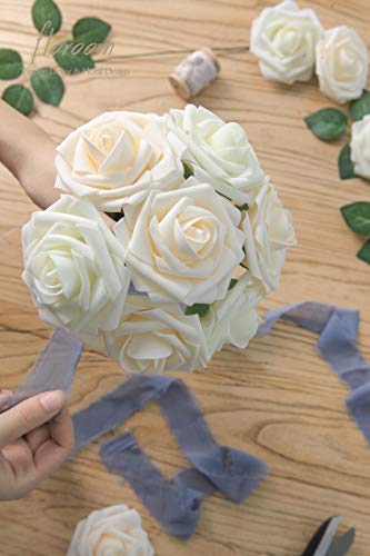 Artificial Flowers 25pcs Real Looking Ivory Foam Fake Roses with Stems for DIY Wedding Bouquets White Bridal Shower Centerpieces Arrangements Party Tables Decorations (25 Count)