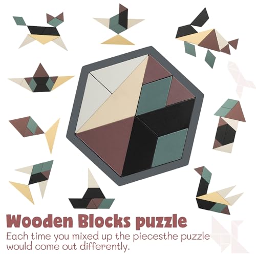 3 Pack Large Wooden Blocks Puzzles Hexagon Tangram Puzzle Wooden Russian Brain Puzzles for Adult Challenge Teasers Geometric Jigsaw Logic Iq STEM Educational Gift Graduation (3 Count)