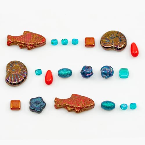 2.1 oz (60 g) Mix of Unique Czech Bohemia Glass Pressed Beads, Matte and Glossy, Hand Made, Coral Red Turquoise New (2.1164 Ounce)
