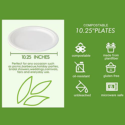 500 Pack Compostable Bagasse Paper Plates 10.25 inch (500 Count)