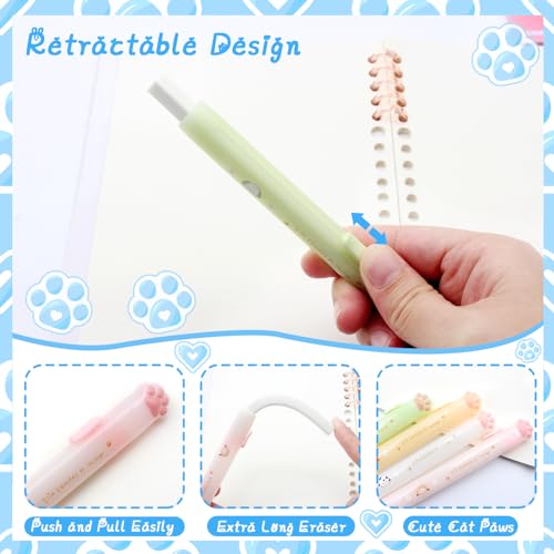 Retractable Cat Paw Erasers 4 Pcs with Refillable Rubbers Slim Erasers for Precise Erasing (4 Count)