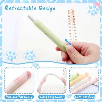 Retractable Cat Paw Erasers 4 Pcs with Refillable Rubbers Slim Erasers for Precise Erasing (4 Count)