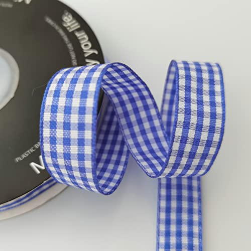 Blue and White Woven Edge Plaid Ribbon 100% Polyester Gingham Ribbon 25 Yards Each Roll