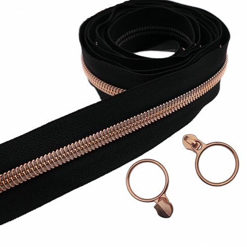 5 Rose Gold Metallic Teeth Nylon Coil Zippers by The Yard Bulk 10 Yards Black Zipper Tape with 25pcs Rose Gold Ring Pull Sliders for DIY Sewing Tailor Craft Bag (25 Count)