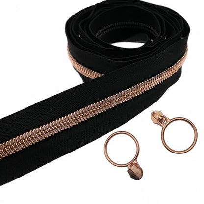 5 Rose Gold Metallic Teeth Nylon Coil Zippers by The Yard Bulk 10 Yards Black Zipper Tape with 25pcs Rose Gold Ring Pull Sliders for DIY Sewing Tailor Craft Bag (25 Count)