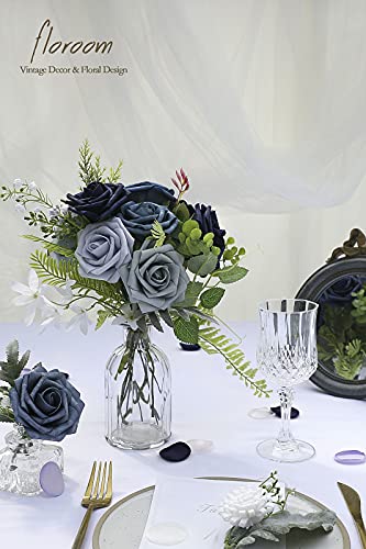 Artificial Flowers 25pcs Real Looking Dusty Blue Ombre Colors Foam Fake Roses with Stems for DIY Wedding Bouquets Bridal Shower Centerpieces Floral Arrangements Party Tables Home Decorations (25 Count)