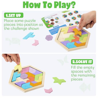 3 Pack Large Wooden Blocks Puzzles Hexagon Tangram Puzzle Wooden Russian Brain Puzzles for Adult Challenge Teasers Geometric Jigsaw Logic Iq STEM Educational Gift Graduation (3 Count)