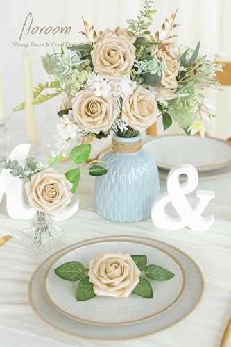 Artificial Flowers 25pcs Real Looking Champagne Gold Foam Fake Roses with Stems for DIY Wedding Bouquets Bridal Shower Centerpieces Floral Arrangements Party Tables Home Decorations (25 Count)