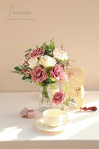 Artificial Flowers 16pcs 3.5" Real Looking Dusty Rose Foam Fake Hybrid Tea Roses with Stems for DIY Wedding Bouquets Bridal Shower Centerpieces Floral Arrangements Party Tables Home Decoration (16 Count)