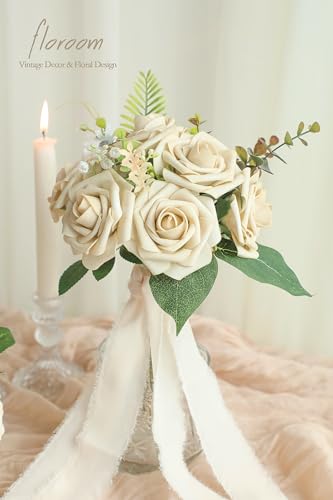 Artificial Flowers 25pcs Real Looking Beige Foam Fake Roses with Stems for DIY Wedding Bouquets Bridal Shower Centerpieces Floral Arrangements Party Tables Home Decorations (25 Count)