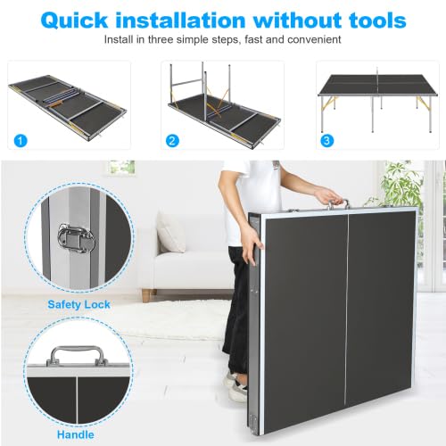 6FT/8FT/9FT Mid-Size Table Tennis Table Ping-Pong Table Set Foldable & Portable Table Indoor Outdoor for Family Game (Black, 6FT)