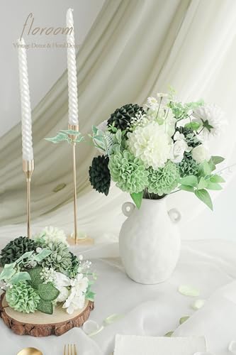 Artificial Dahlia Flowers 25pcs Real Looking Forest Green Shades Foam Fake Roses with Stems for DIY Wedding Bouquets Bridal Shower Centerpieces Sage Green Floral Arrangements Tables Decoration (25 Count)